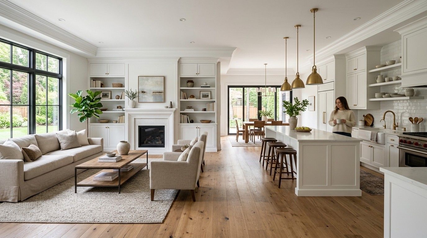 Open concept living room and kitchen with premium finishes in an Alpharetta home