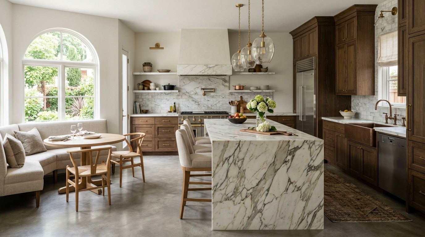 Gourmet kitchen with custom cabinetry and large marble island in a luxury Buckhead Atlanta residence