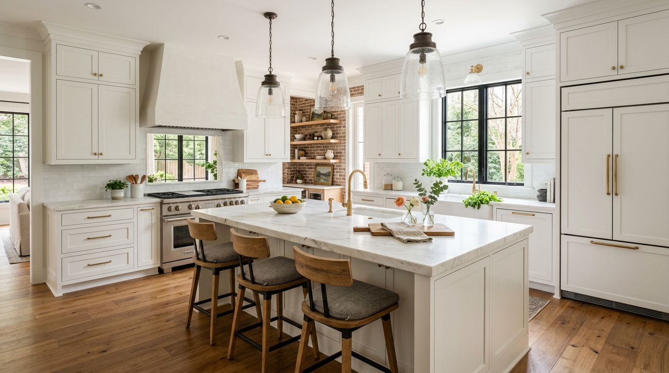 Beautiful modern kitchen interior in a Decatur GA home with marble countertops