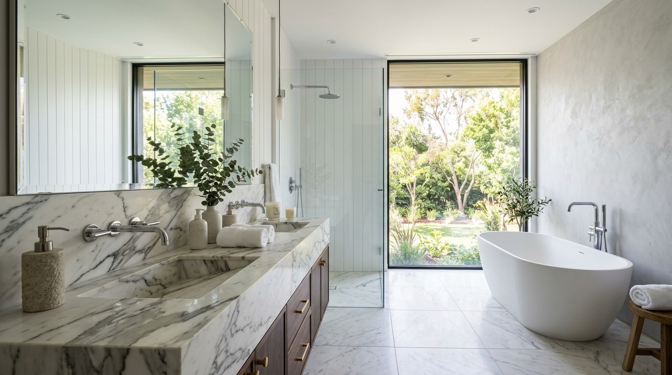 Modern bathroom renovation with marble countertops and premium finishes in a Dunwoody home