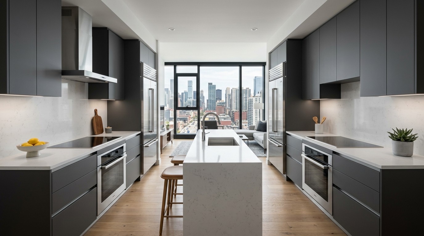 Modern condo kitchen with quartz countertops and city view through window in a Midtown Atlanta residence