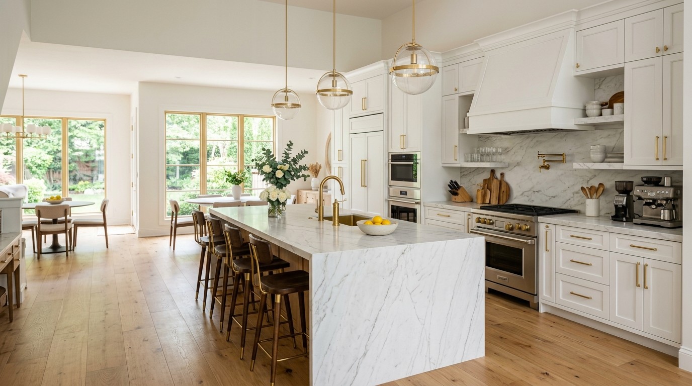 Modern kitchen with white cabinets, marble countertops, and gold hardware in a Roswell family home