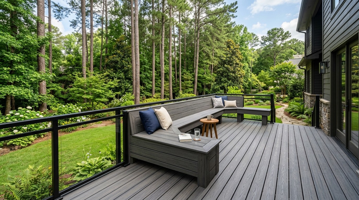 Freshly renovated composite deck with built-in seating overlooking a green Tucker backyard